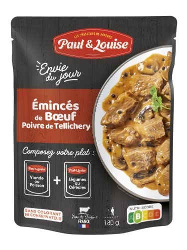 Paul & Louise Envie Du Jour - Emincés de Bœuf au Poivre de Tellichery 180g - Sachet micro ondable - Prêt en 2 min - À combiner avec nos sachets...