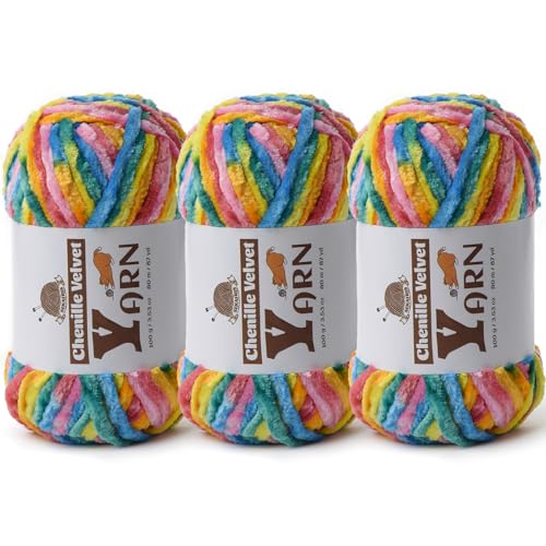 Image of 3 Pack Plush Chenille Chunky Yarn - Fluffy Velvet Yarn Crochet for Blanket Knitting and Crocheting - Soft Baby Yarns for Crocheting - Amigurumi Crochet Yarns 100g (87yds) (Neon)