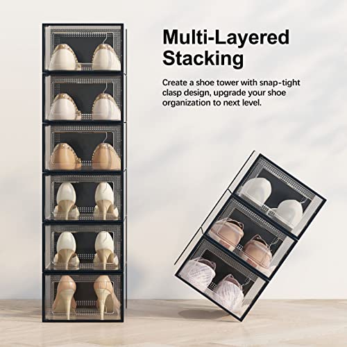 Image of SEE SRPING XX-Large Shoe Storage Box Fit Size 14, Clear Plastic Stackable Shoe Organizer for Closet, Shoe Rack Sneaker Containers Bins Holders, Drawer Organize Unit, 12 Pack Black
