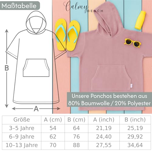 CalmyBEACH Leicht Frottee Badeponcho Kinder - Mädchen Jungen Baumwolle Poncho Handtuch Bademantel Badetuch Surf Strandponcho Kapuzenhandtuch 10-13 Jahre Altrose