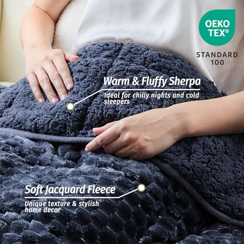 Wemore Fleece Weighted Blanket for Adults (60" x 80" 15lbs, Grey-Blue), Dual Sided Cozy Soft Sherpa Heavy Blanket, 3D Imitation Turtle Shell Warm Jacquard Flannel Weighted Blankets for Couch and Bed