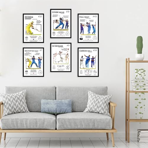 Image of CodersParadise - Cricket Stars Wall Poster Frames - Pack Of 6 | 8 x 12cm (A4 Size) | Aesthetic Artwork Framed Posters | Framed Posters For Living Room, Bedroom, Home And Office