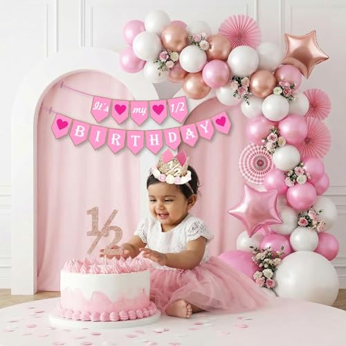 Image of Party Propz Half Happy Birthday Decoration Kit - 52 Pcs, Balloons for Birthday, Bday Decor Items with 1 /2 Birthday Crown, 1 /2 Happy Birthday Banner, Half Bday Decoration for Baby (Cardstock)