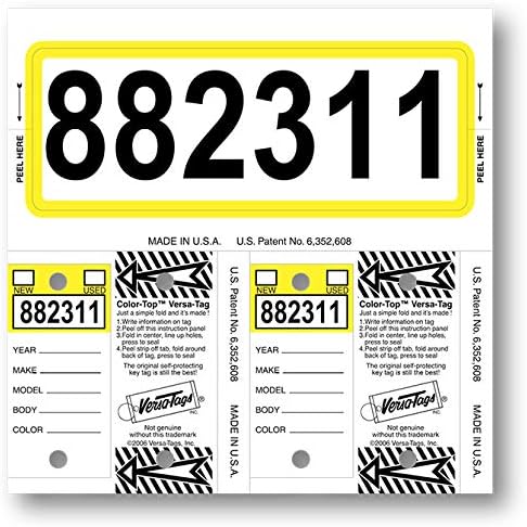 Yellow Color TOP Custom UP to 7 Digits Customized Numbers CONSECU-TAG Versa Tags 2 Key Tags 1 Stock TAG Window WINDSHEILD Sticker CAR LOT AUTO Dealer Supplies