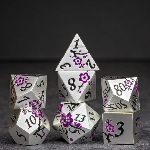 Sage's Portal Petrified Flowers Metal DND Dice 7 Piece Polyhedral Dice Set for DND TTRPG Dungeons and Dragons Pathfinder (Silver/Purple)