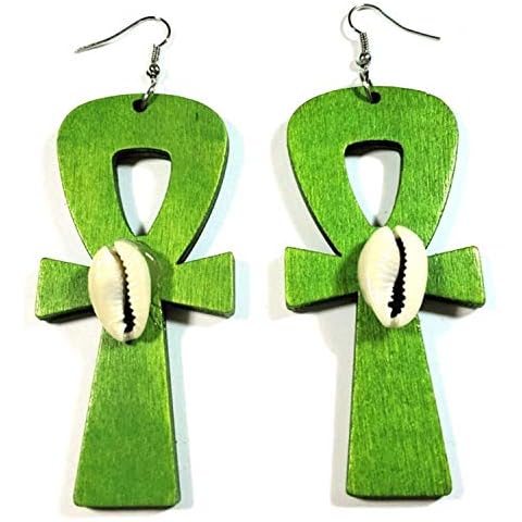 Teri's Boutique Anka Ankh Symbol of Life Cross Wood Sea Shell Point Fashion Style Women Dangle Earrings (Green) Cover