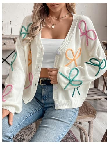 WDIRARA Women's Bow Cardigan Button Down V Neck Long Sleeve Drop Shoulder Knit Sweater3