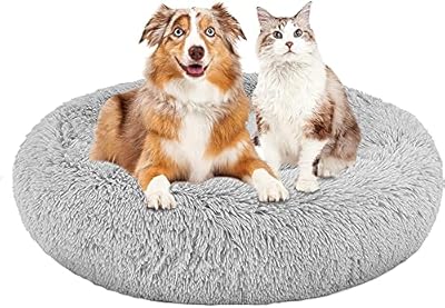 Purefun Donut Dog Bed 60 cm Grey for Small/Medium Dogs Calming Dog Bed Anti Anxiety, Soft Plush Fluffy Round Dog Beds Improving Sleeping and Keeping Warm Dog Cat Cushion Anti-Slip and Washable
