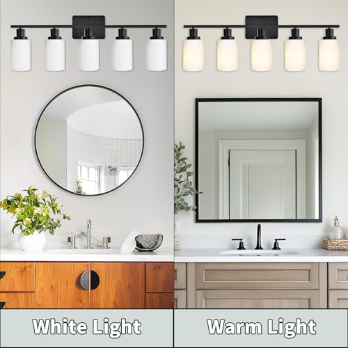 Image of LOUSACE 5 Light Matte Black Vanity Light Bathroom Lighting Fixtures Over Mirror with Opal White Frosted Glass Shade, Vanity Light Fixtures for Bathroom Bedroom Living Room
