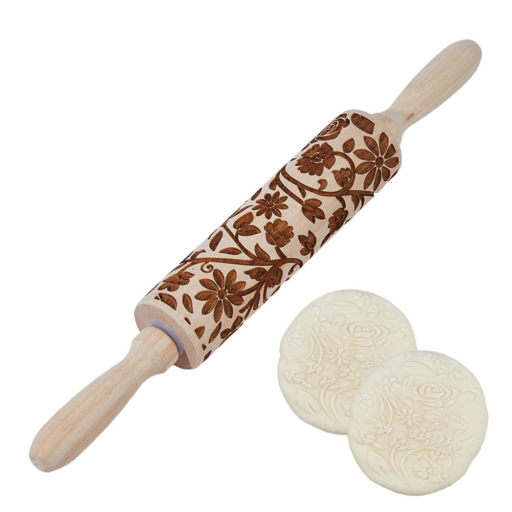 DICOSMETIC Rodillo de madera con diseño floral 3D, 35 cm, herramienta de cocina para hacer estallar masa para galletas, gofres y pasteles (estampado floral)