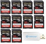 SanDisk 32GB SD Extreme Pro Memory Card (Ten Pack) for Digital DSLR Camera 4K UHD V30 UHS-I Class 10 U3 (SDSDXXO-032G-GN4IN) Bundle with (1) Everything But Stromboli MicroSDHC & SD Card Reader