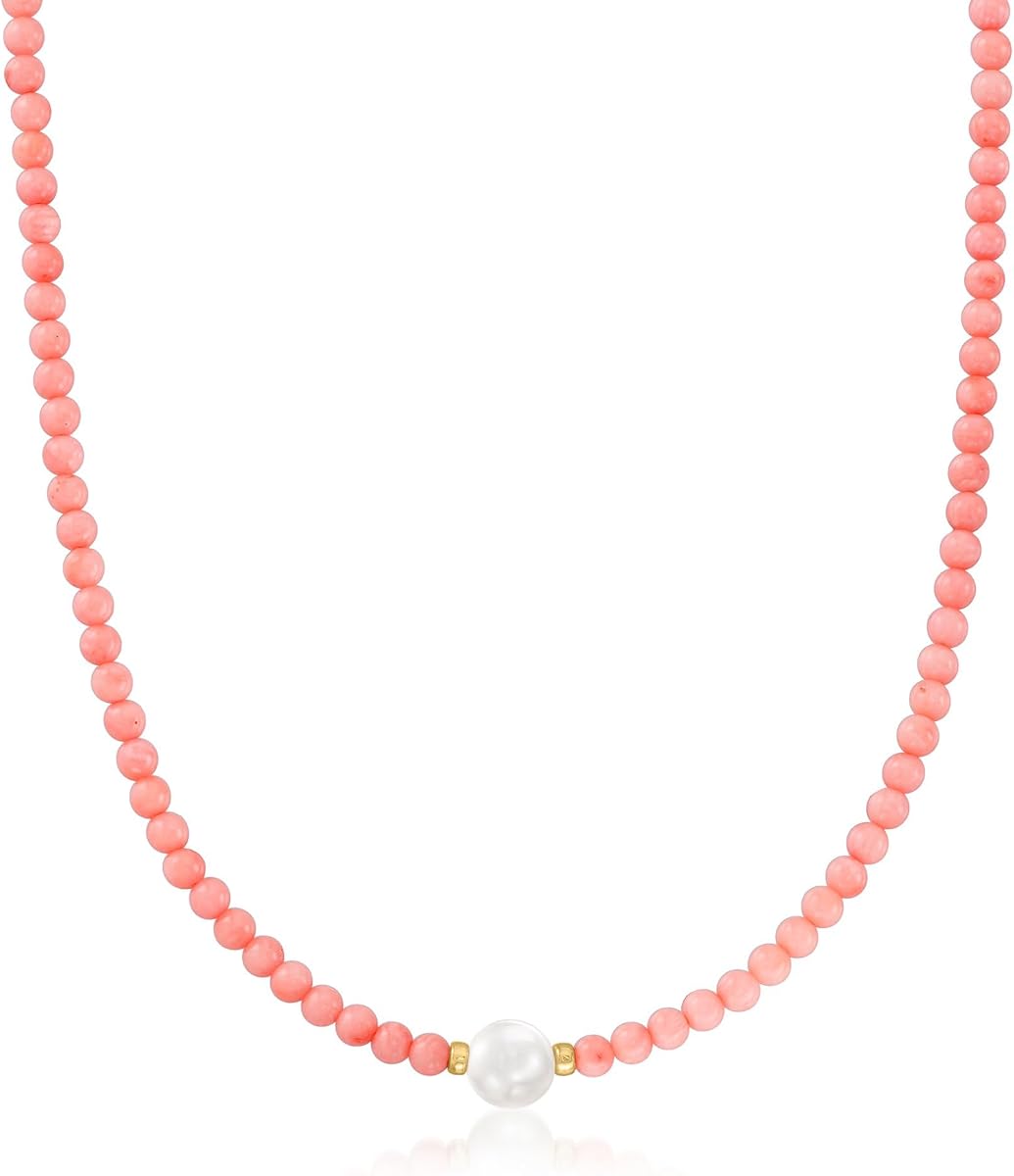 8.5-9mm Cultured Pearl and 4mm Pink Coral Bead Necklace With 18kt Gold Over Sterling