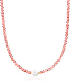 8.5-9mm Cultured Pearl and 4mm Pink Coral Bead Necklace With 18kt Gold Over Sterling