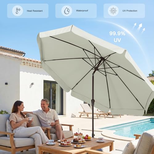 Image of ABCCANOPY 10ft Scalloped Patio Umbrella, Outdoor Table Umbrella with Tilt and Crank, Fiberglass Ribs Deck Umbrella for Patio, Pool, Garden, Picnic (Light Beige)