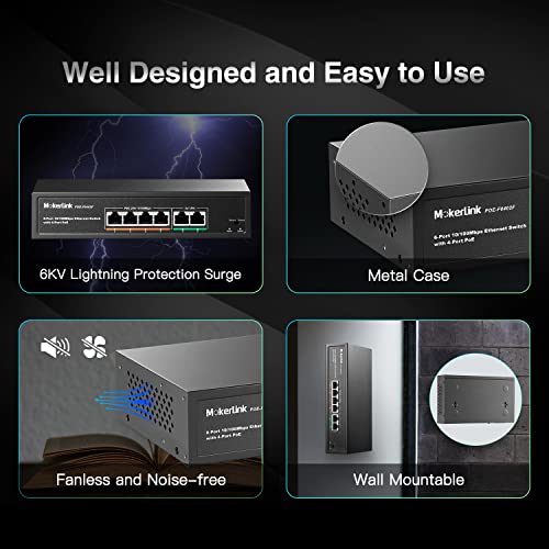 Image of MokerLink 6 Port PoE Switch with 4 Ports PoE+, 2 Fast Ethernet Uplink, 10 /100Mbps, 78W High Power, Support IEEE802.3af /at, Fanless Metal Plug & Play PoE+ Network Switch