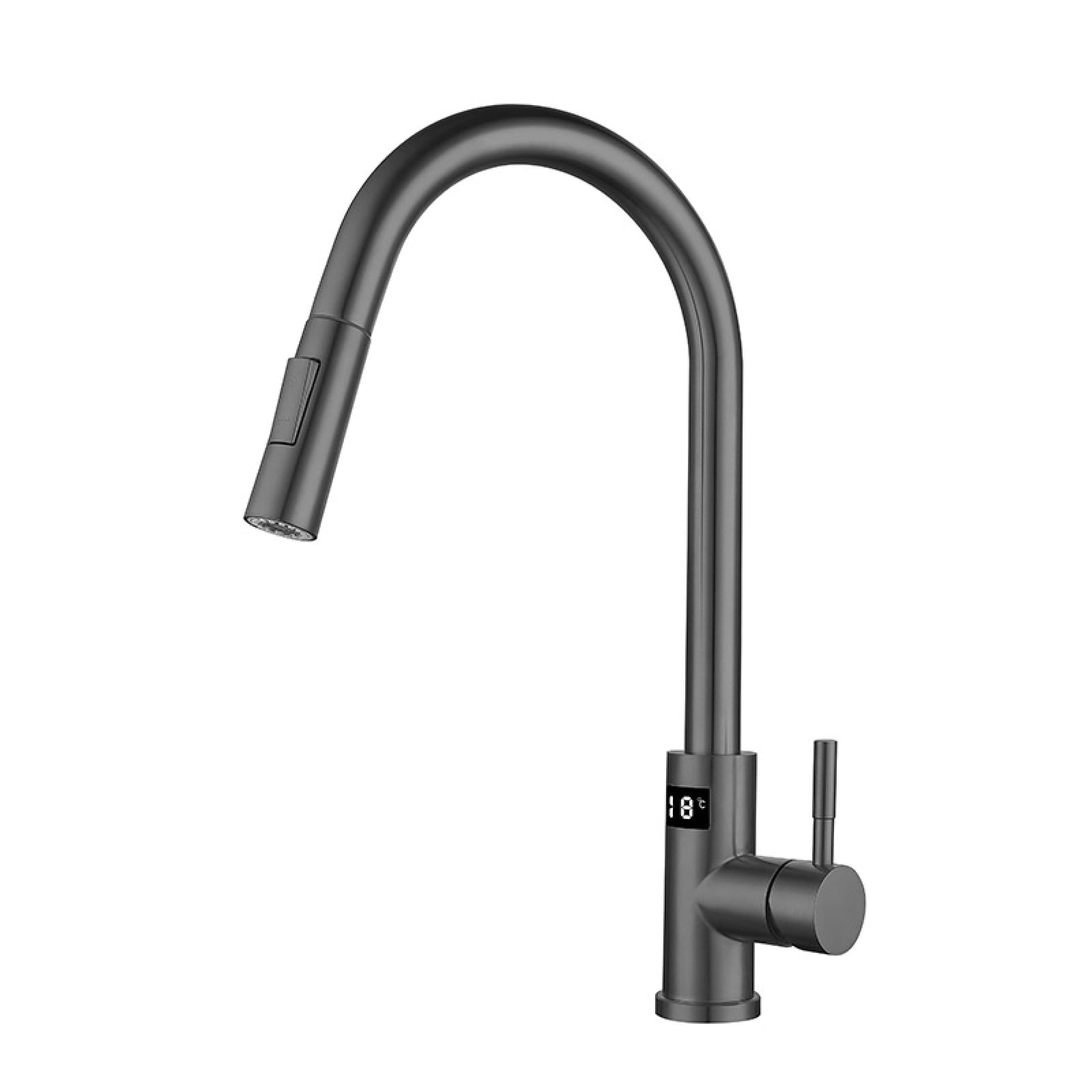 Fanjubei Gray Digital Display Hot And Cold Rotating Pull-Out Kitchen Mixer Faucet,