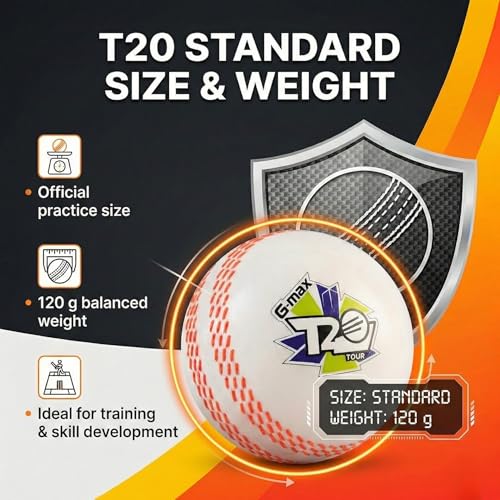 Image of G-Max Synthetic T20 Tour Cricket Ball (120 g) | Pack of 3 | White Swing Practice Ball for Indoor & Outdoor Play | Batting & Training Use