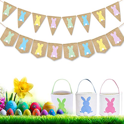 Yuboa Bunny Basket Canvas Bags and Easter Burlap Bannerï¼Œ2 Pcs Bunny burlap banner +3 Pcs Rabbit Hunt Bags Easter Egg Basket Bucket Tote Gift Candy Stuffer For Kids Toddlers Boys Girls.
