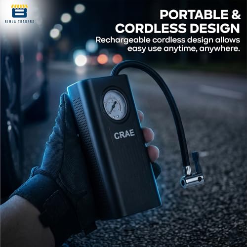 Image of CRAE Portable Digital Tyre Inflator for Car & Bike - Compact Air Pump Compressor with Pressure Gauge, Fast Inflation - Ideal for Tyres, Balls & Inflatables. Pack of 1 (AU002 Black)