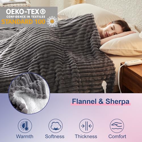 Xiniusleep Heated Blanket Electric Throw - Reversible Heating Blanket Flannel Sherpa Throw With 12 Time Setting thumb #5