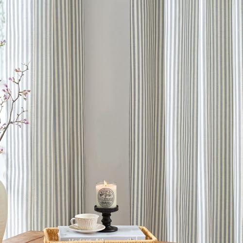 Image of jinchan Linen Curtains 96 inch Blue Stripe on Beige Grommet 2 Panels