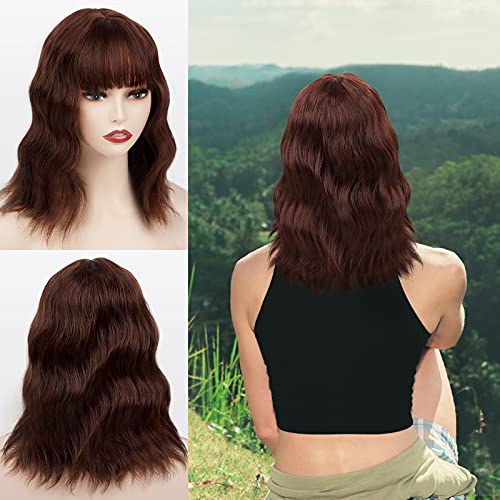 Brown Short Wig with Bangs Brown Wave Bob Wigs for Women Shoulder Length Synthetic Curly Wig Natural Looking Heat Resistant Wigs for Daily Use Cosplay 14 Inch