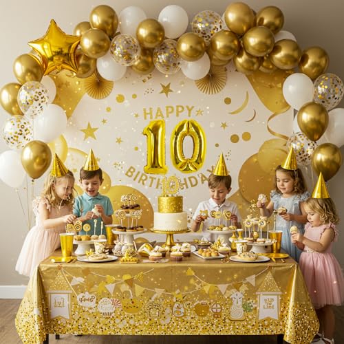 Image of TONIFUL Number Balloon 16 Inch 10 Pcs Fat Gold 0-9 Birthday Number Balloons | Small Custom Digital Mylar Foil Ballons for Birthday Baby Shower Graduation Anniversary 2027 New Year Eve Party Decorations