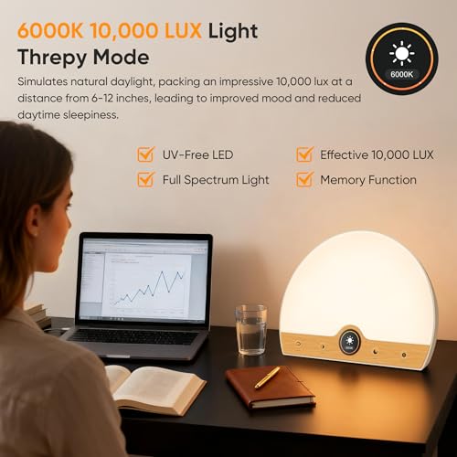 Light Therapy Lamp and Sunrise Alarm Clock 2-in-1, 10000 Lux Happy Therapy Light with Wake Up Alarm Clock, 3 Color Temperature and 5 Brightness Level - Image 4
