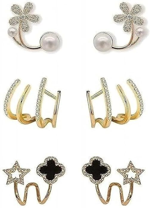 Combo Of 3 Latest White Pearl Flower Gold Plated Crystal Star Or Clover Stud Ear Cuffs Korean Jewelry Earrings For Women And Girls-image-39