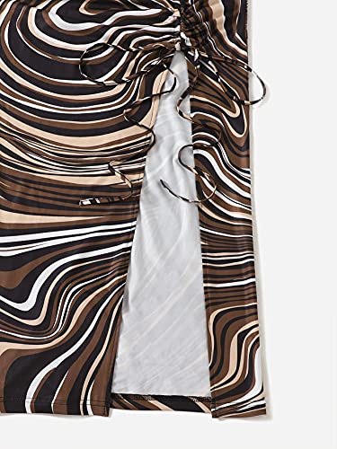 Women's Summer Graphic Print Ruched Drawstring Split Hem High Waisted Midi Skirt4