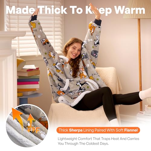 Image of Giggling Getup Wearable Blanket Hoodie for Adults Gifts for Teen Girls Sister Women Sherpa Fleece Printed Hooded Blanket Sweatshirt Warm Cozy with Pocket & Sleeves Grey Dog