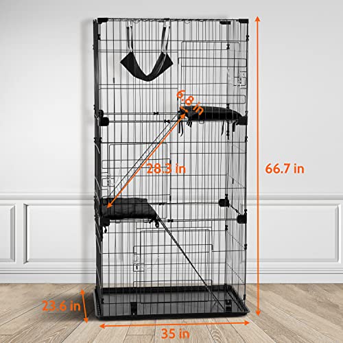 PawHut Cage Pour Petits Animaux Portable à 4 Niveaux Cage Chinchilla Cage Furet Avec Roulettes, 2 Portes, 3 Rampes, Hamac Et Plateau Amovible, 52 X 52 X 113,5 Cm Gris