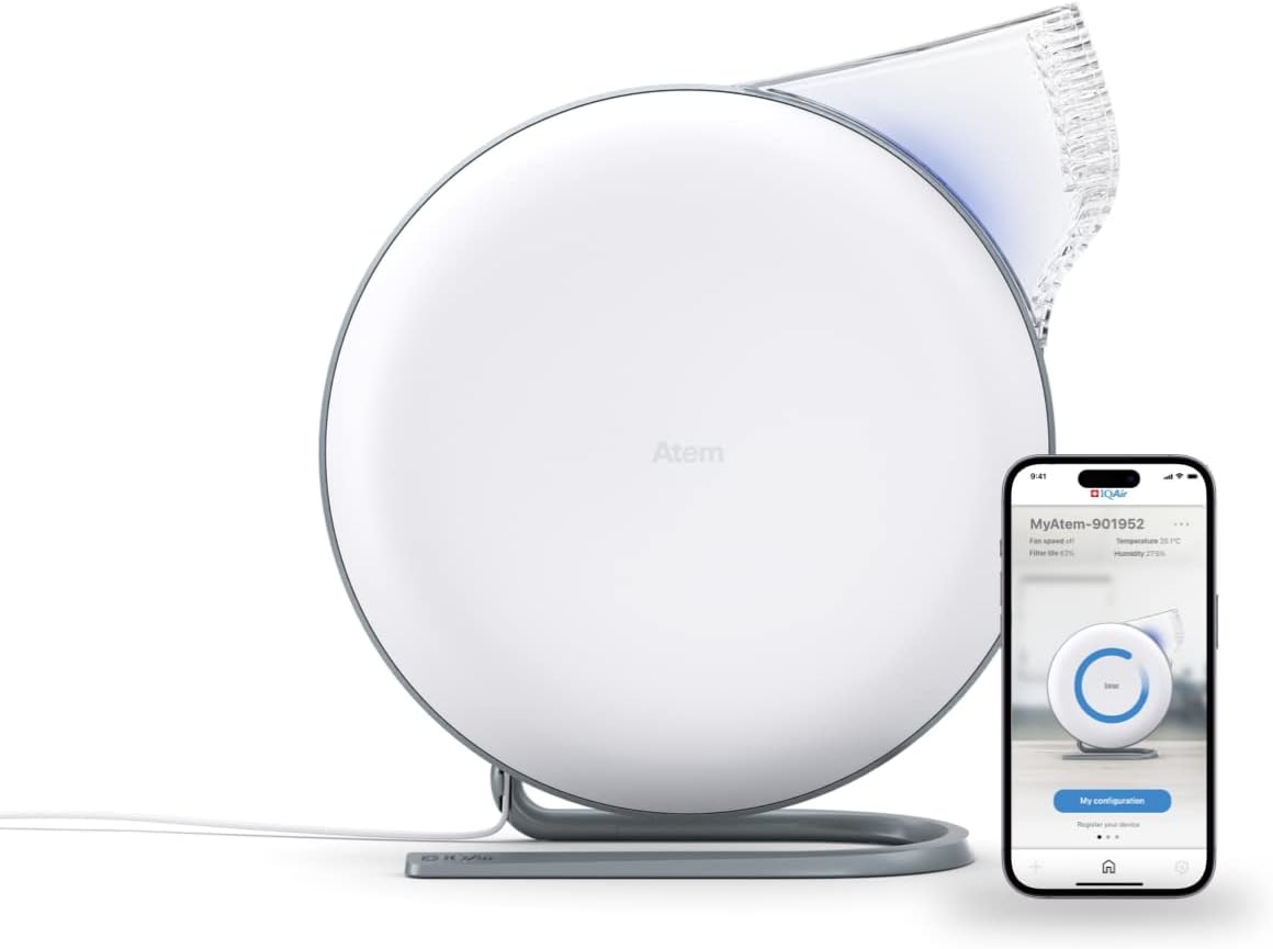 Atem Desk Air Purifier for Home, Office, Desktop, Small Room up to 150 sq ft, HyperHEPA Filter for Bacteria, Viruses, Allergens, Pets, Asthma, Pollen, Dust, Swiss Design, Made in Germany, White