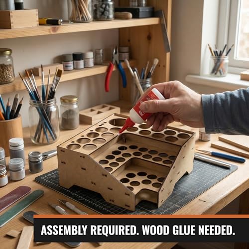 Image of PROSCALE Corner Paint Rack Organizer, Art desk Corner Paint Stand holder for Miniature & Model Paints + Brush /Tool Slots, 26 36mm Holes Compatible with Vallejo, Army Painter, AK (Module C)