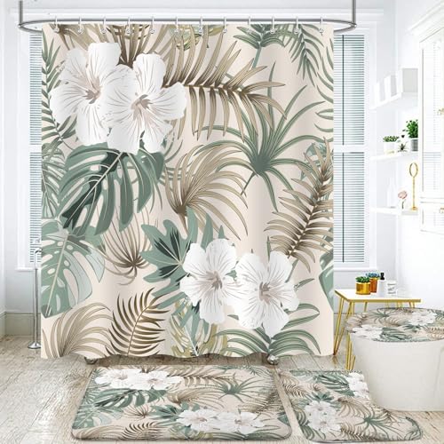 4Pcs Tropical Floral Plant Shower Curtain Sets, Hibiscus Flower Palm Leaves Beige Bathroom Decor with Non-Slip Rugs, Toilet Lid Cover and Bath Mat, Waterproof Shower Curtains with Hooks, 72 x 72 Inch