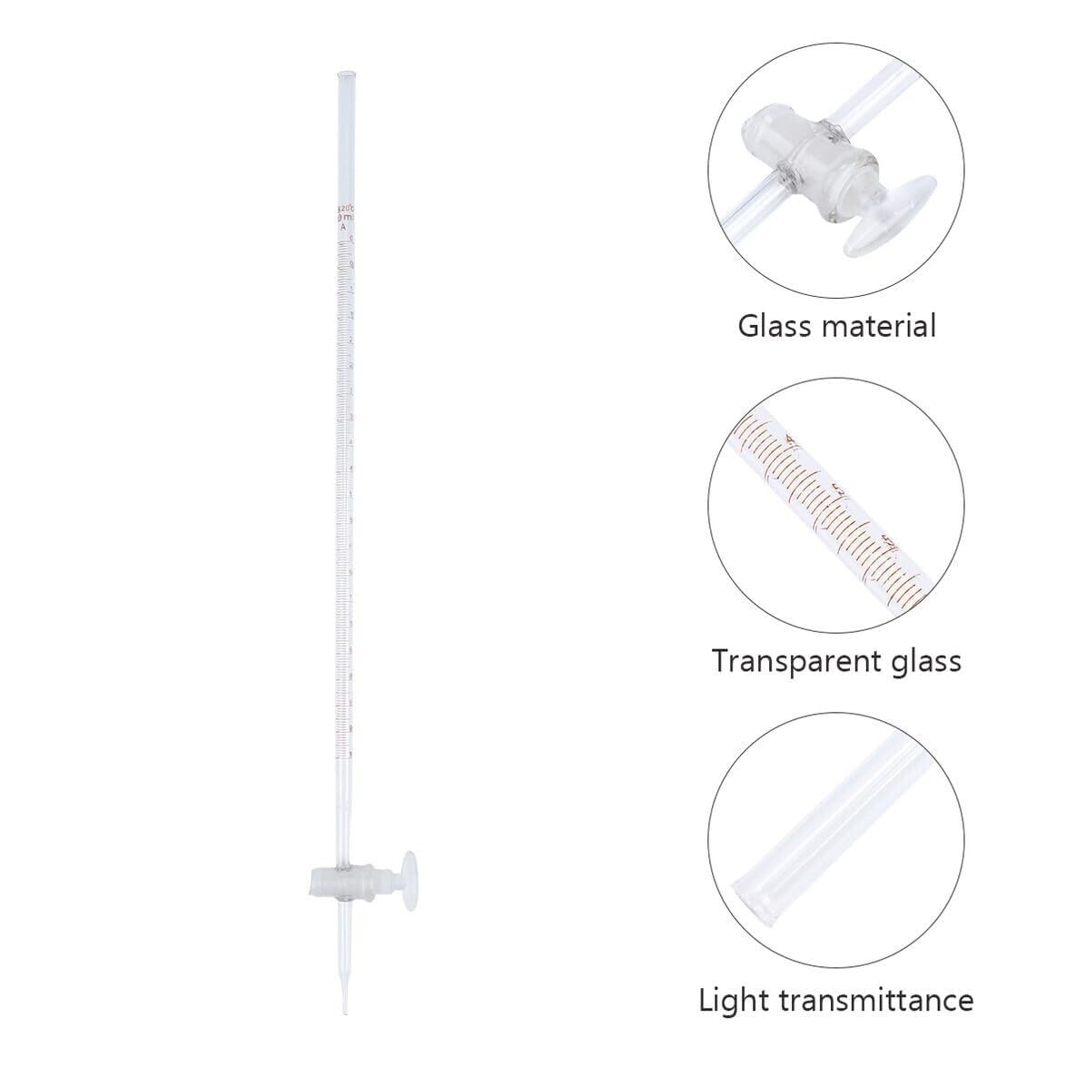 Buretta Acida 10ml 25ml 50ml Apparecchio in Vetro Strumento Laboratorio per Forniture Scolastiche Chimica(Transparent,50ml)