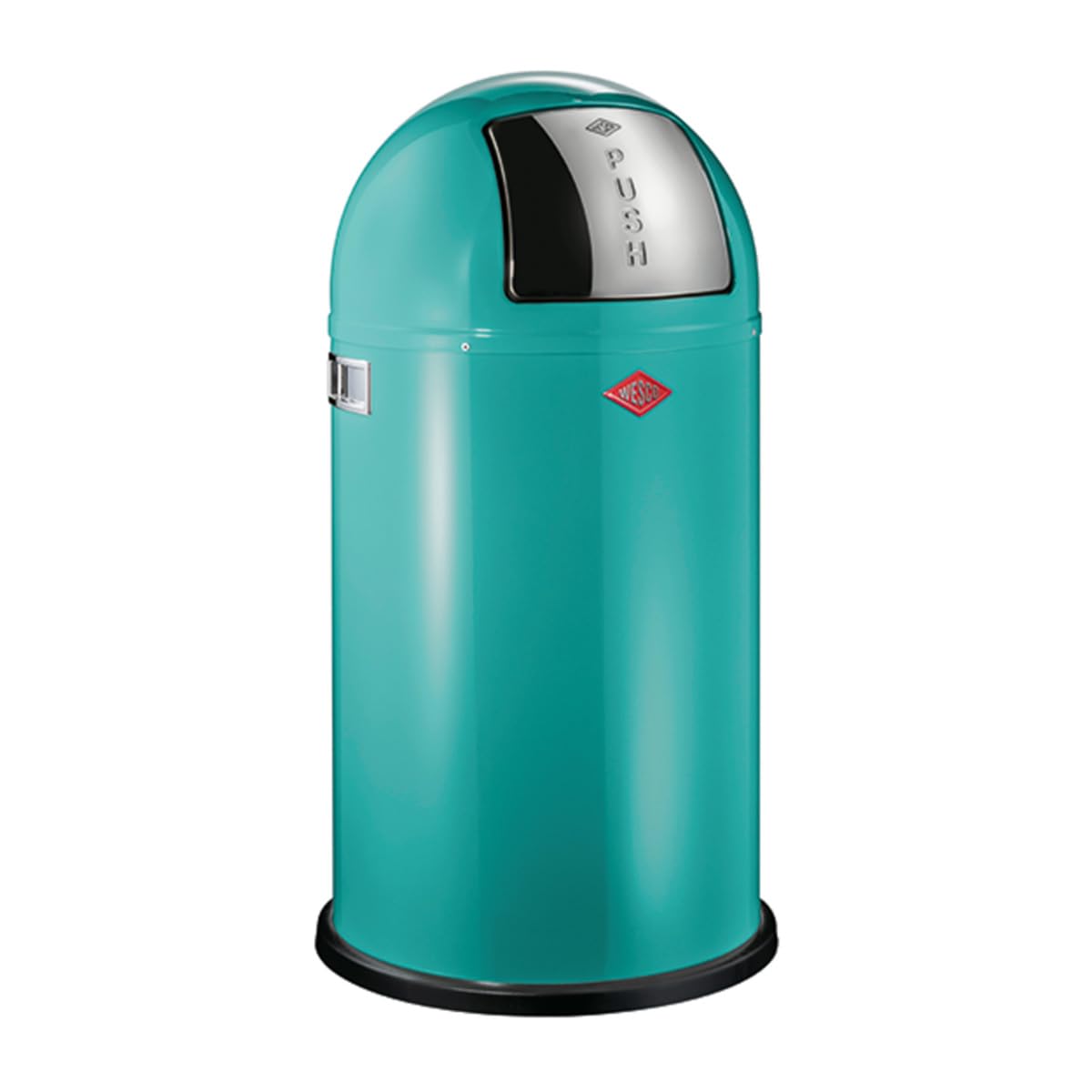 Wesco Pushboy Mülleimer in der Farbe türkis, pulverbeschichtetes Stahlblech, 50 Liter Volumen, große Edelstahlklappe, herausnehmbarer Innenbehälter
