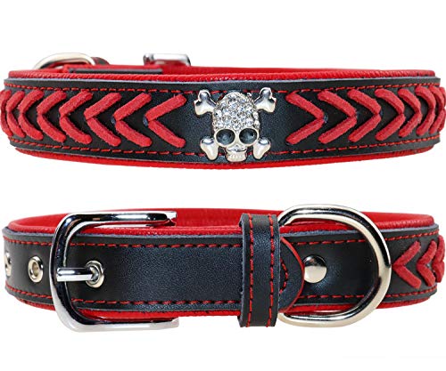 Vcalabashor Collar de Perro de Cuero,Collares Trenzados de Piel de Perro con Tachuelas y Calavera de Diamante,Collares de Perro Acolchado Suave,Negro & Rojo,Se Adapta a Perros Grandes