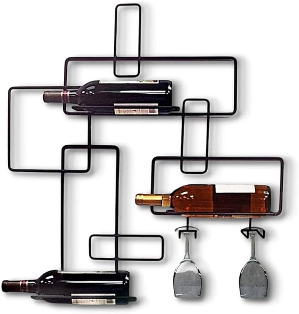 HomeZone Vintage wine holder for 3 Bottle and 2 Glasses Home Bar Shelves Wall Mounted Wine Rack Wine Bottle and Glass Holder Retro Wine Storage Rack Metal Kitchen Bar Accessory for Home Kitchen