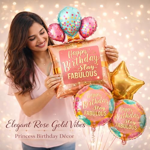 Image of Propsicle Stay Fabulous Birthday Balloon Set Pack of 5 with 36 Inch Square Foil, 18 Inch Star, Printed Round Rose Gold Theme for Women Girls Photo Booth Decoration
