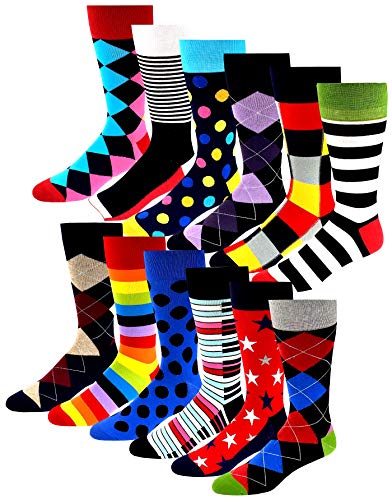 12 Pairs Pack Men's Premium Combed Cotton Fashion Funky Design Dress Socks 10-13
