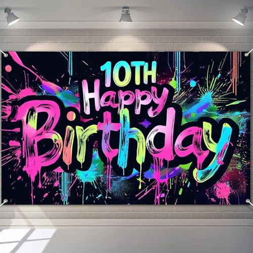 Image of HOMETITUTE Neon 10th Happy Birthday Banner 71x43 Inch Paint Splatter Glow in The Dark Party Backdrop Colorful Wall Decor for Kids Boys Girls Tenth Birthday Celebrations Photo Booth Event Supplies