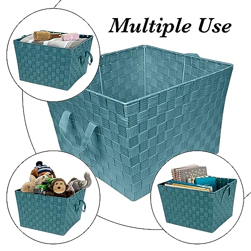 Image of Simplify Large Woven Strap Tote | Decorative Storage Basket | 2 Handles | Organization | Closet | Bedroom | Bathroom | Nursery | Accessories | Toys | Gifts | 4 Pack | Sapphire