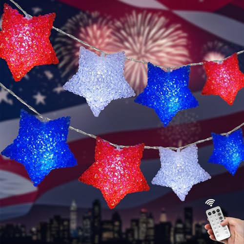 Étoiles rouges blanches bleues 10 LED 3D guirlande lumineuse autonome pour fête nationale