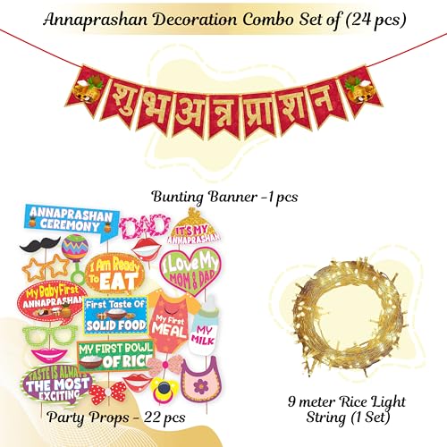 Image of Wobbox Shubh Annaprashan Decoration Items Set which Includes Baby annaprashan Ceremony Props, Subh Annaprashan Banner, Rice Light Decoration, Rice Ceremony Decorations Items(27 Pcs Set)(FP5694)