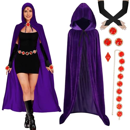 Raven Costume de Raven Cape pour femme avec ceinture rouge rubis et accessoires de manches pour Halloween, carnaval, fête, bal masqué (150 cm)