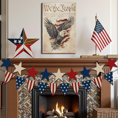 Image of Framed We The People Bald Eagle Wall Art, Patriotic US Constitution Canvas Art Pictures, American Flag Wall Decor, Made in USA Ready to Hang for Office Living Room