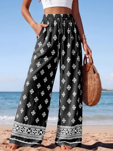 Image of PRETTYGARDEN Womens Pants Elastic Waist Floral Lightweight Palazzo Pants for Women Casual Lounge Wide Leg Pants Woman