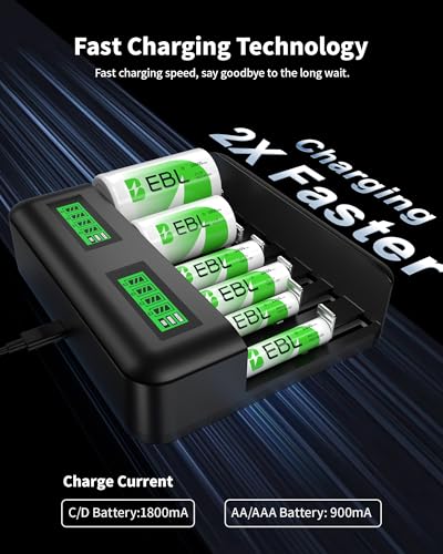 Image of EBL LCD 8 Bay Battery Charger, AA AAA C D Rechargeable Battery Charger for Rechargeable Batteries Ni-MH AA AAA C D Batteries with Type C Input