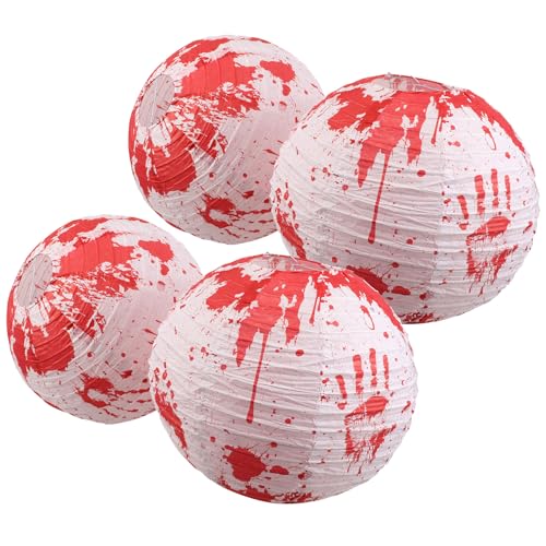 GLEAVI 4 PCS Halloween Bloody Paper Lanterns Hanging Decorations with Red Handprint, Festival Party Hanging Ornaments for Spooky Home and Tree Decor, Halloween Paper Lanterns Set